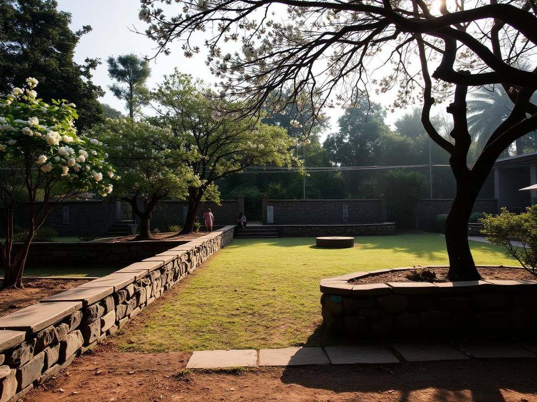 Quiet memorial gardens in Kigali in soft morning light
