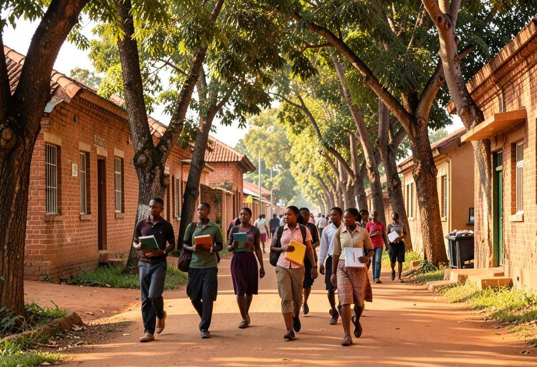 Students walking along a tree-lined avenue in Huye