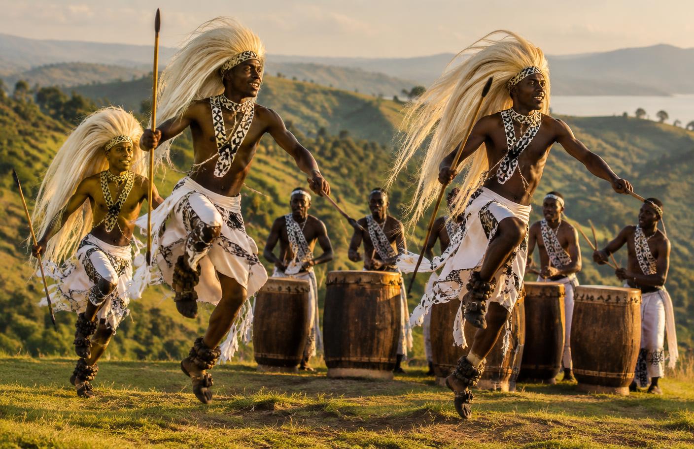 Intore dancers with long headdresses leaping in front of ingoma drummers