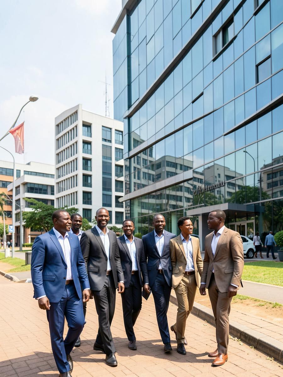 Business professionals walking through central Kigali