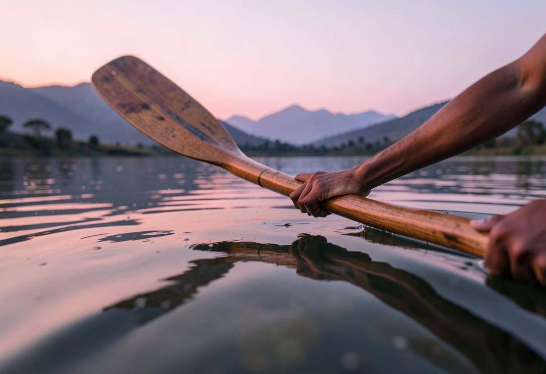 Hands paddling a wooden kayak on glassy water at dawn