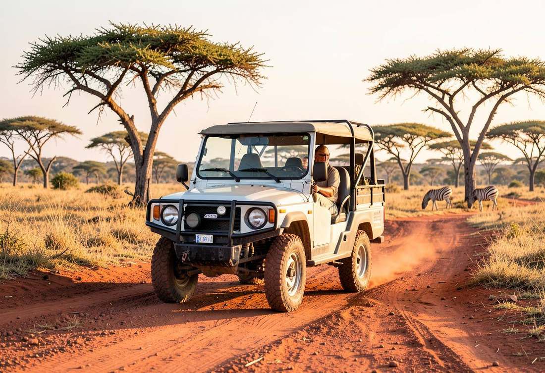 Safari vehicle on a red dirt track in Akagera savannah with zebra nearby