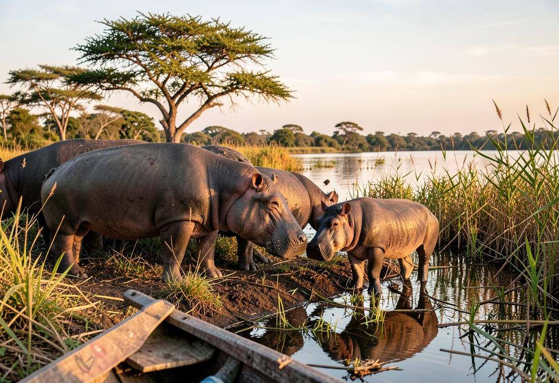 Hippos at the papyrus edge of Lake Ihema at sunset