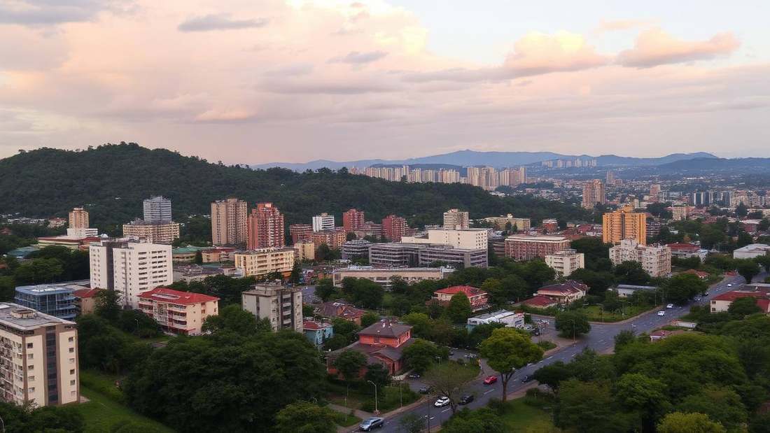 Kigali skyline over green hills at golden hour