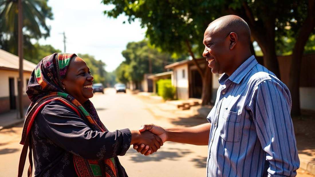 Two people greeting each other with a handshake on a sunny street