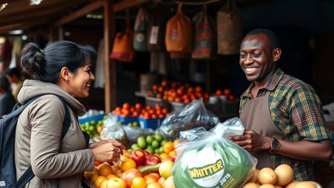 A visitor buying fruit from a smiling market vendor