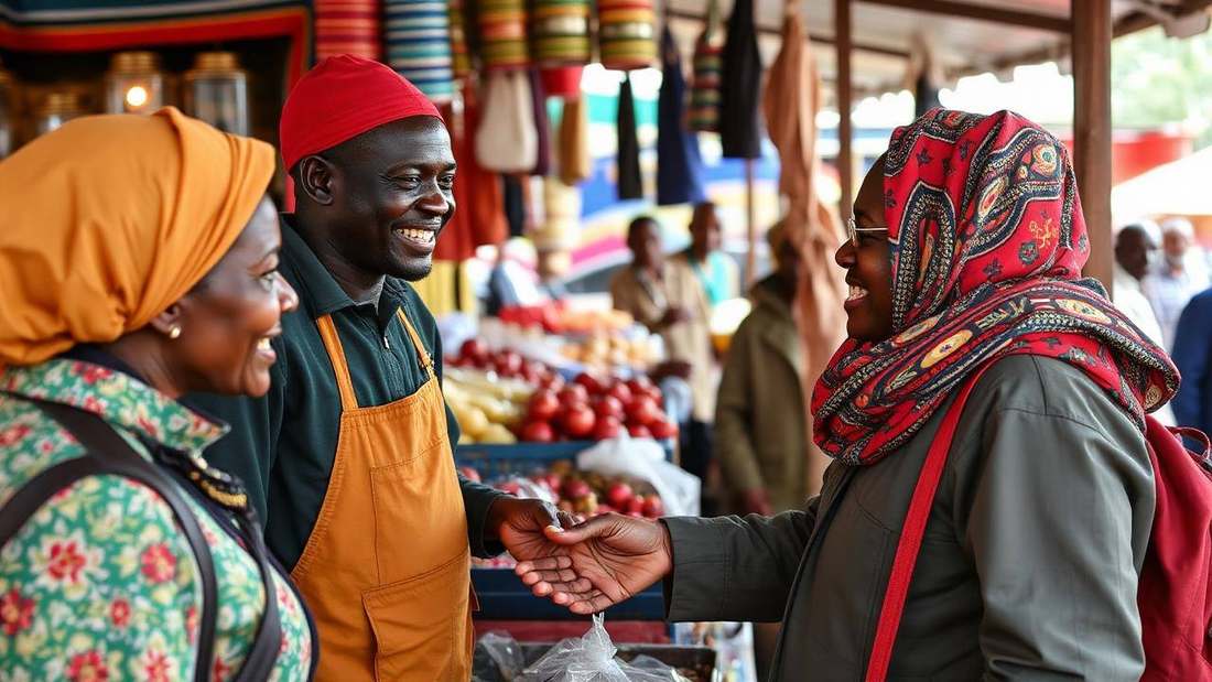 Market vendors greeting a visitor at a Kigali market stall