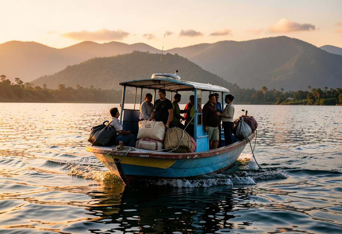A small passenger boat crossing Lake Kivu at golden hour