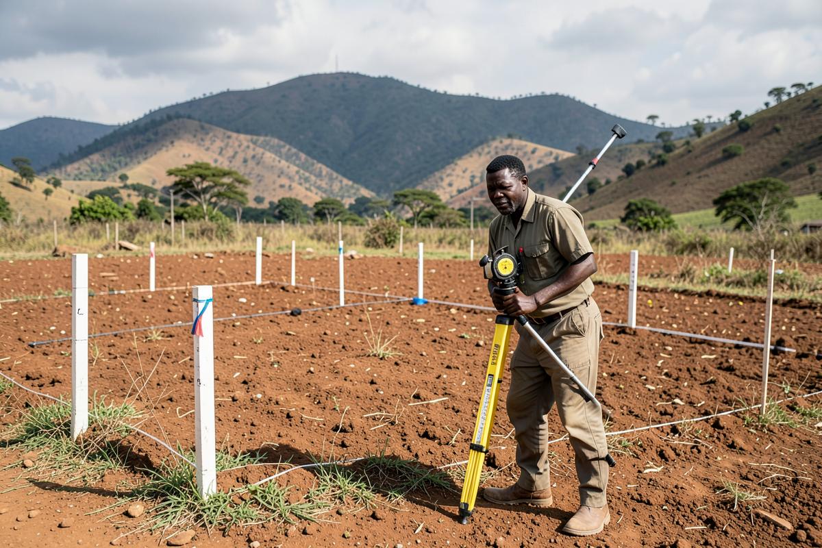 A surveyor measuring a marked-out plot of land with hills behind