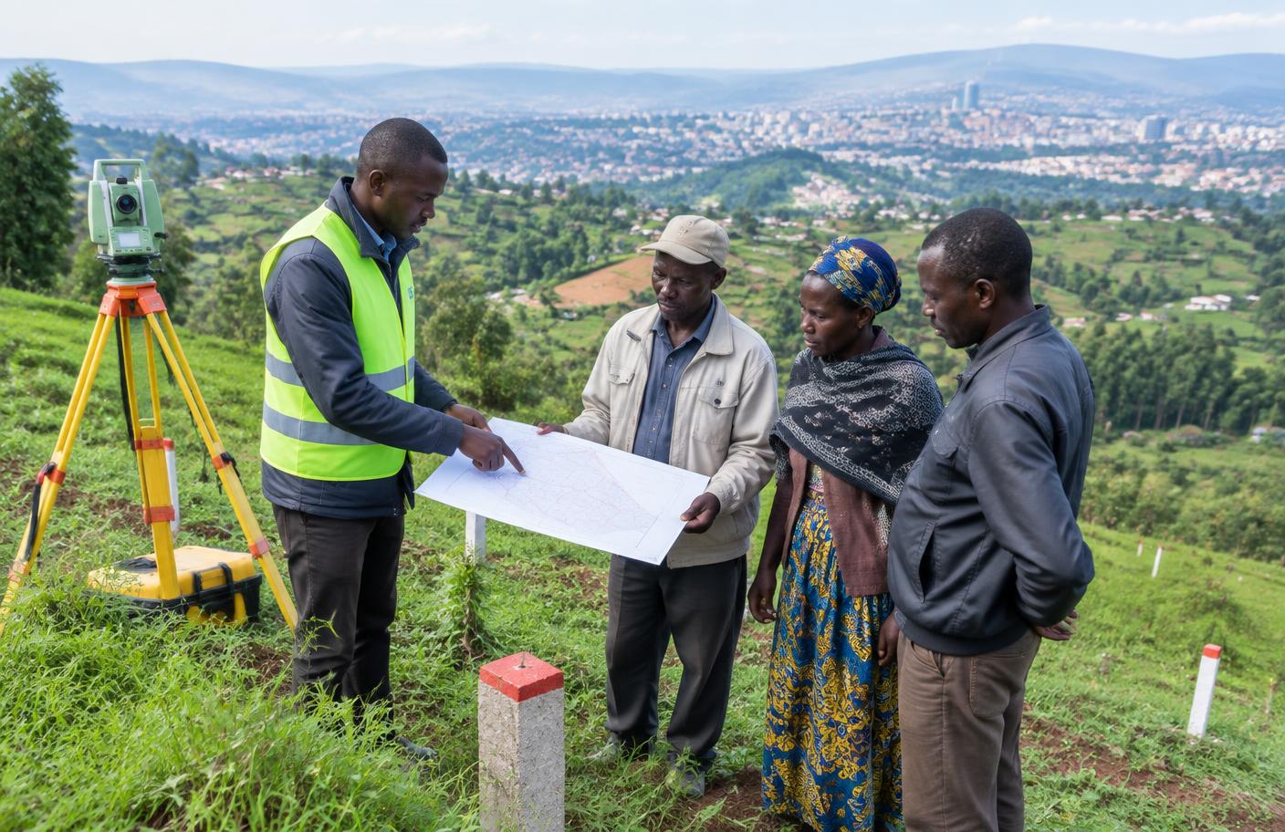 A surveyor discussing parcel boundaries with landholders on a Rwandan hillside