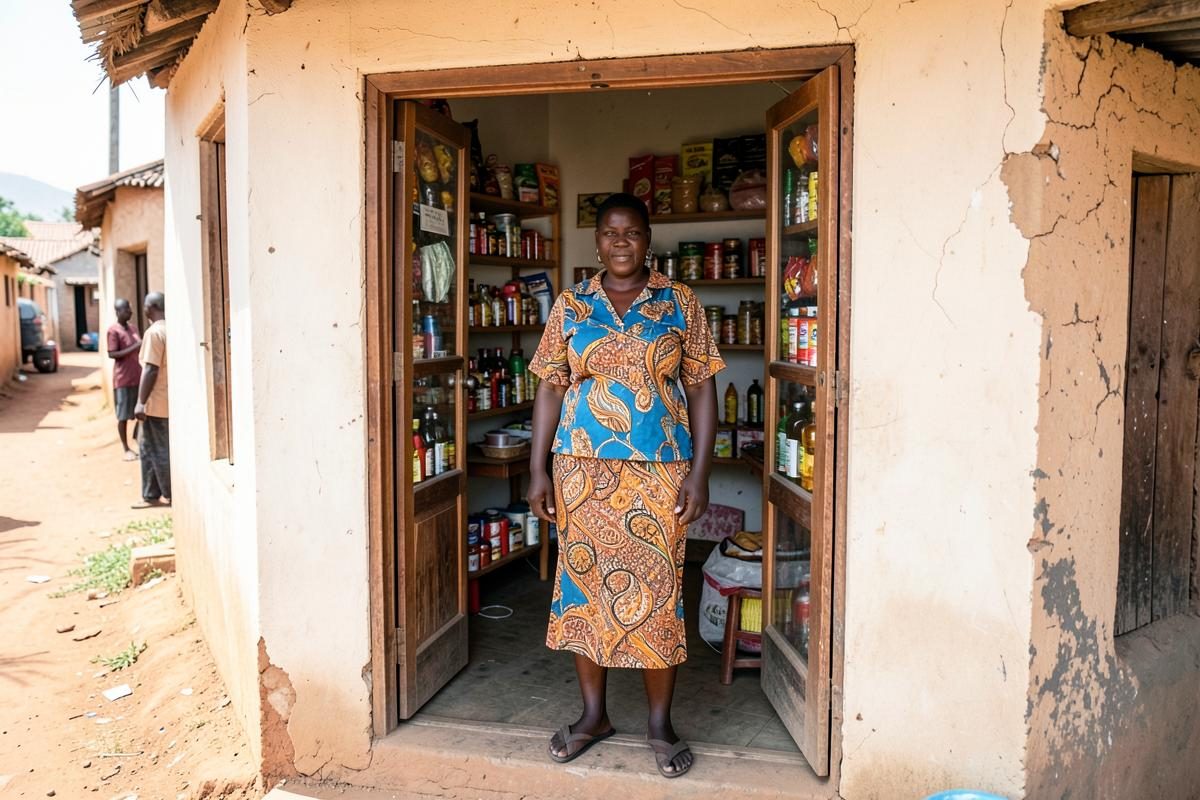 Rwandan shopkeeper standing in the doorway of her stocked retail shop