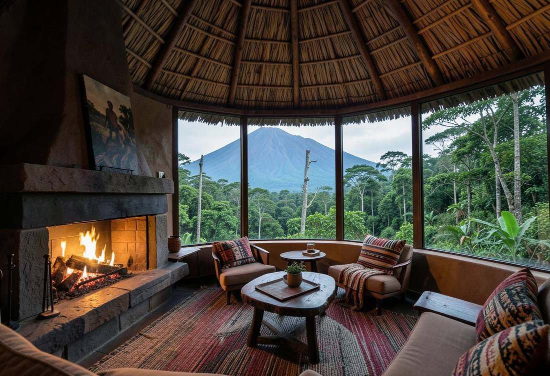 Luxury forest-edge lodge suite with a fireplace and volcano view
