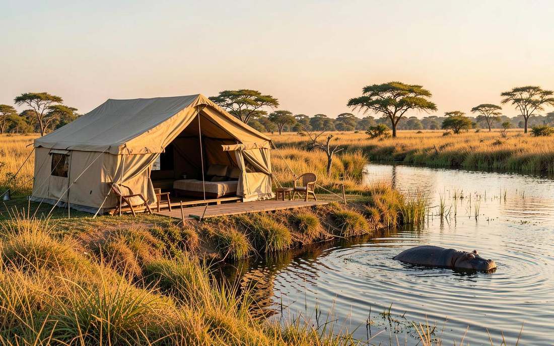 Magashi Camp tents above the lake in Akagera National Park