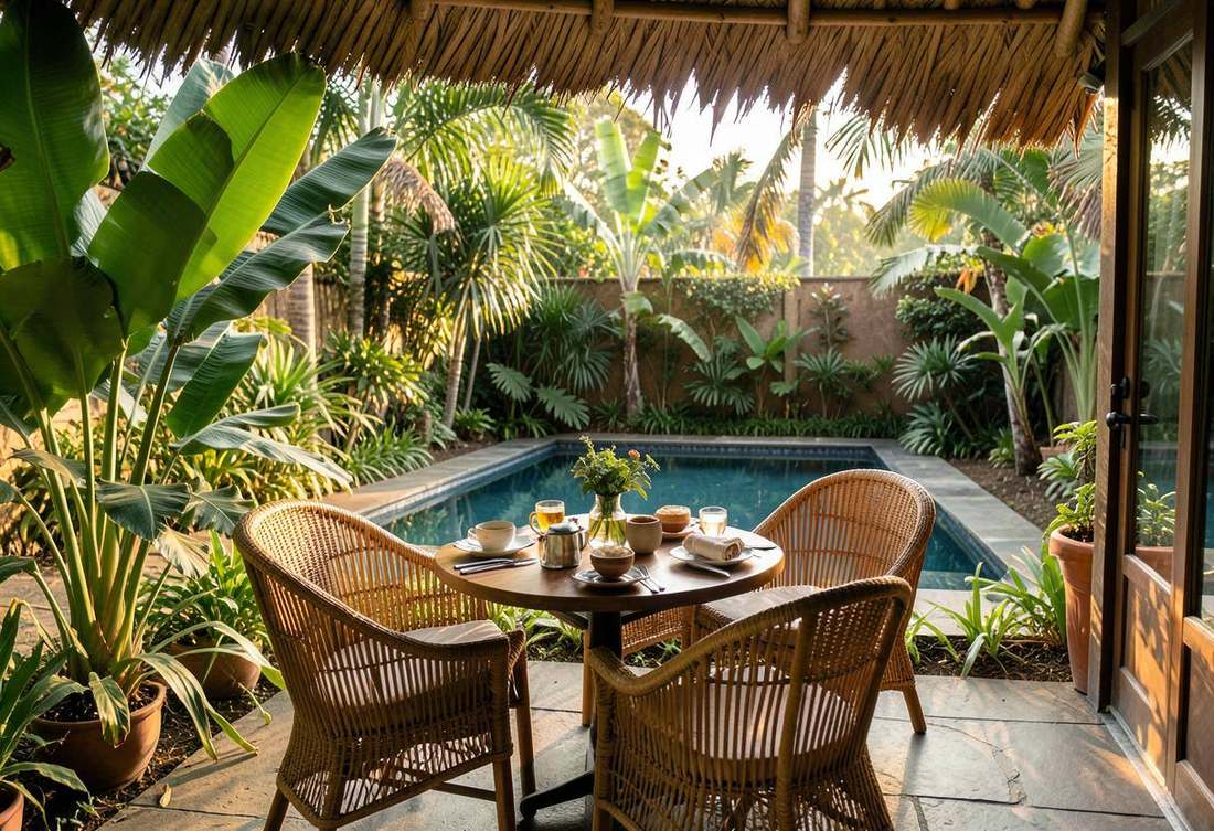 Boutique hotel garden terrace with breakfast laid out beside a small pool