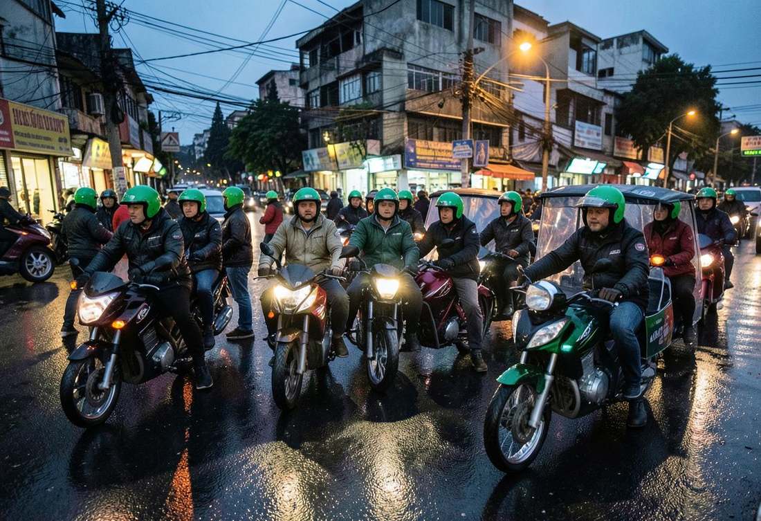 Motorcycle taxi riders in helmets waiting at a Kigali street corner in the evening