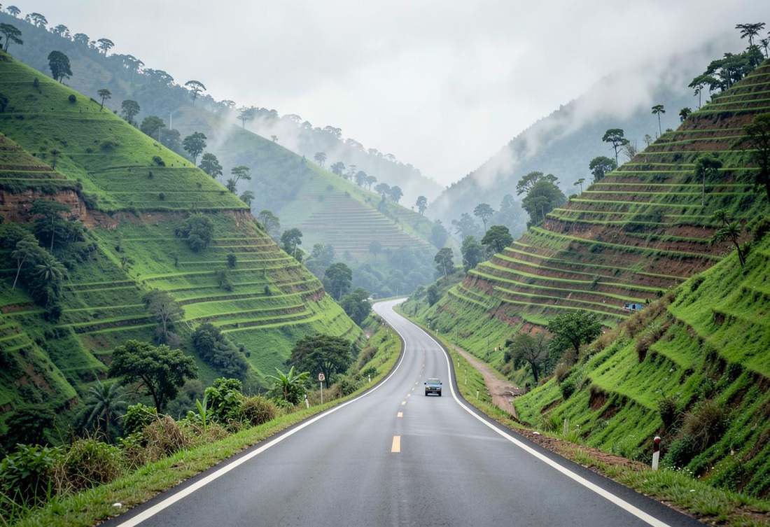 A tarmac highway curving through steep terraced hills in Rwanda