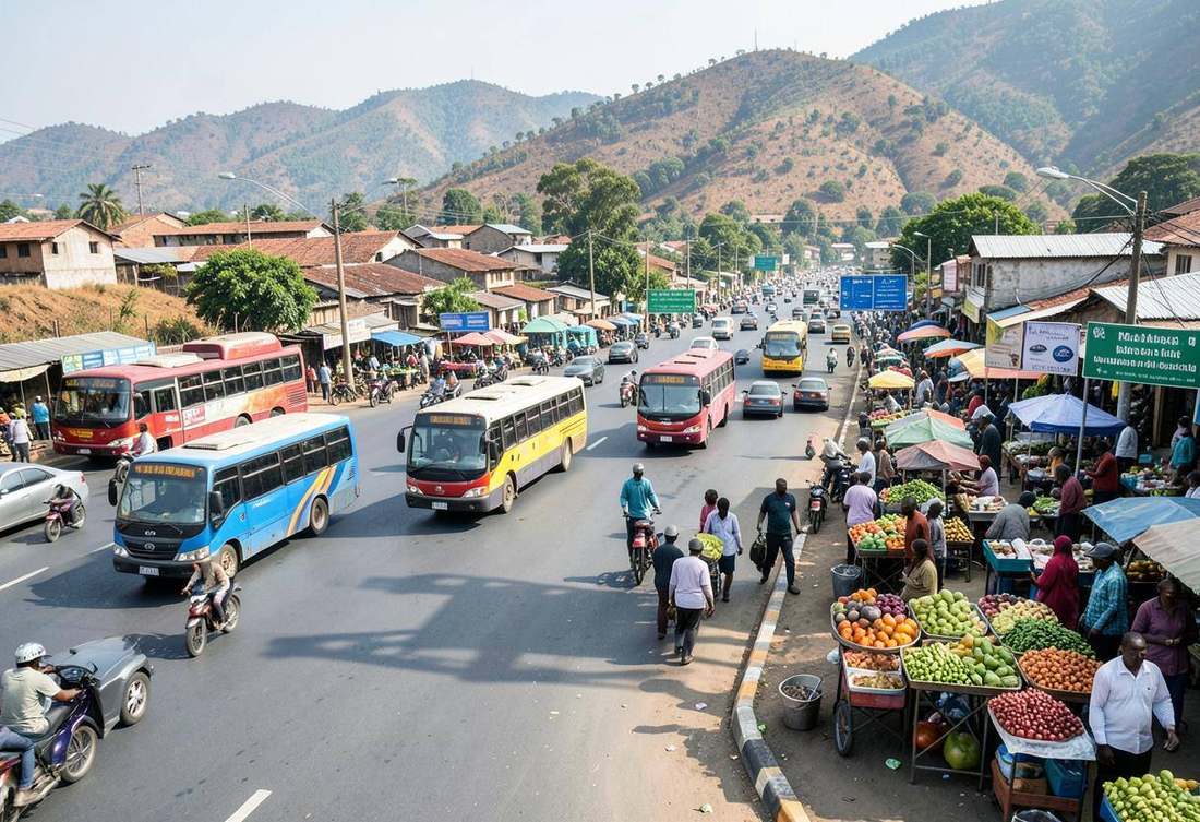 Busy highway crossroads with buses and market stalls in Muhanga