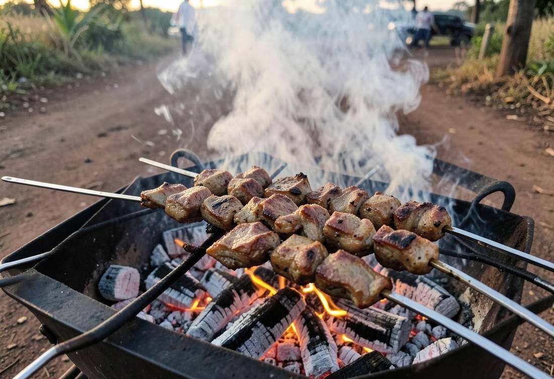 Goat brochettes grilling over charcoal at a roadside stand