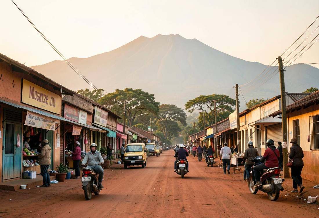 Red-earth street in Musanze with motorcycle taxis and the Virunga volcanoes behind