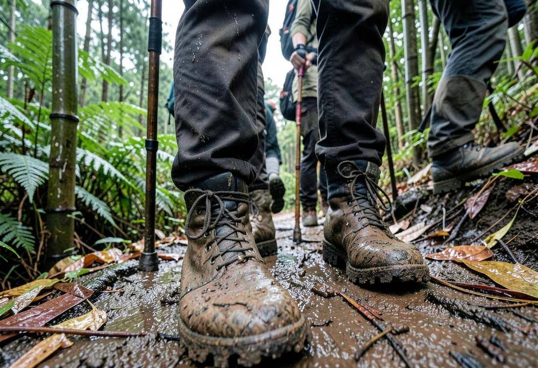 Muddy hiking boots and walking sticks on a bamboo forest trail