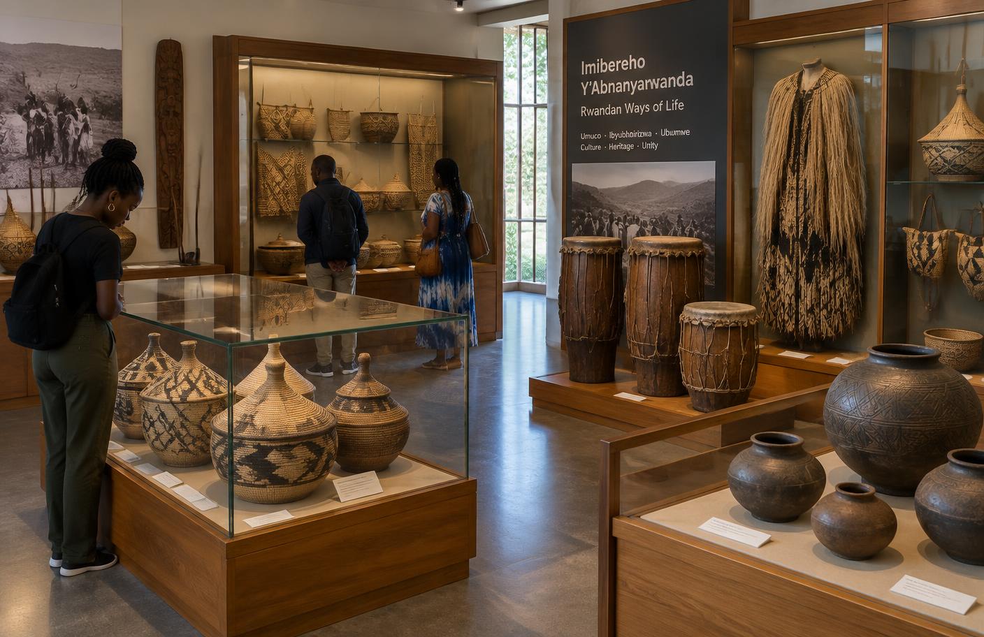 Visitors viewing baskets, drums and pottery in a Rwandan ethnographic museum