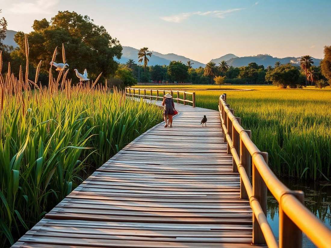 A wooden boardwalk through papyrus wetland with Kigali's hills beyond