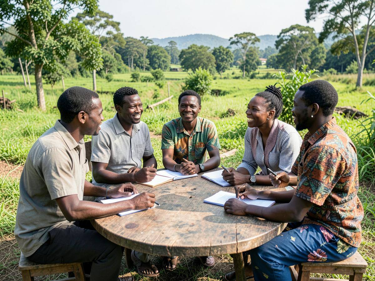 A development organisation meeting community partners in rural Rwanda
