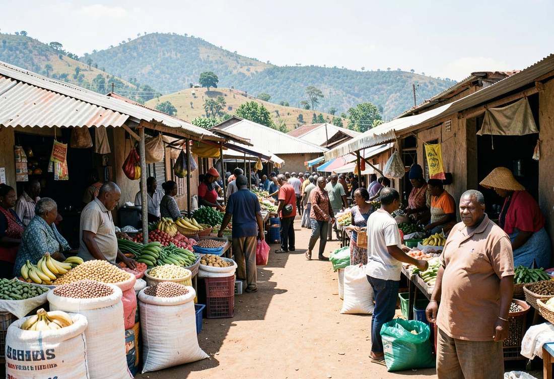 Busy open-air produce market in an eastern Rwandan town