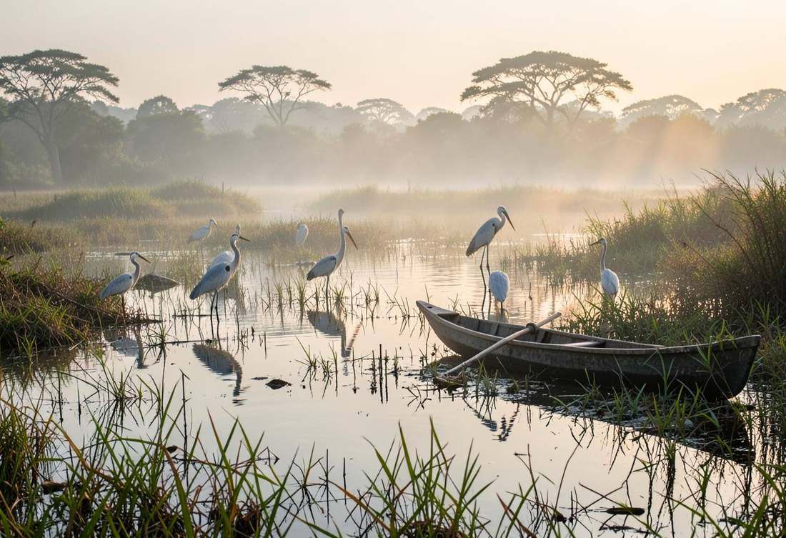 Herons and a wooden canoe in misty papyrus wetlands at dawn