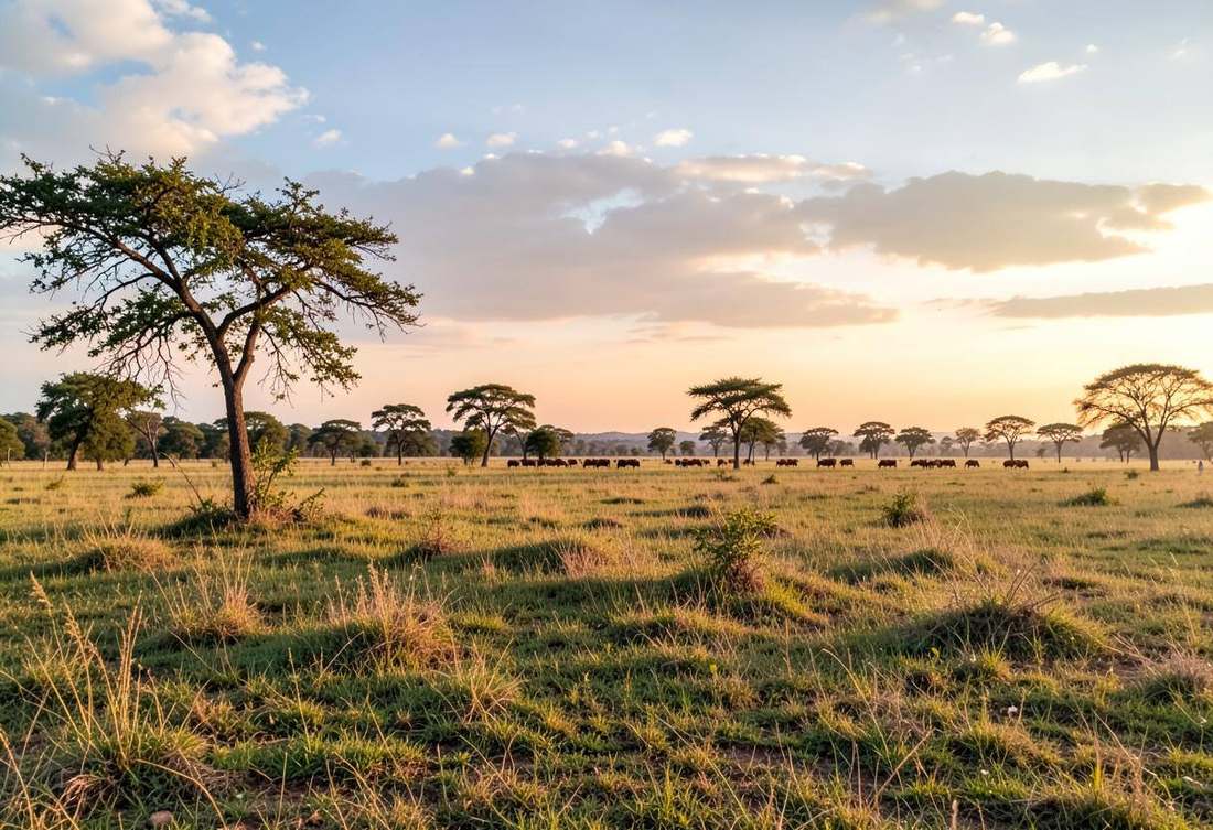 Wide savannah grassland with scattered trees and cattle at sunset