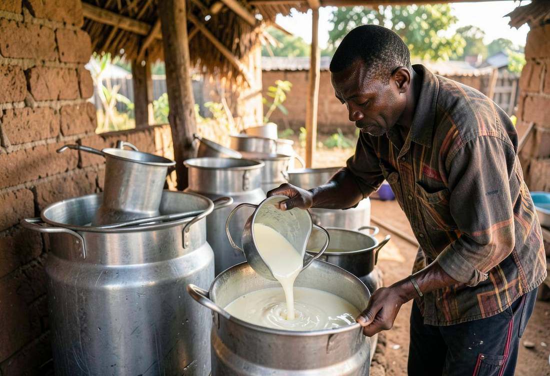 Farmer pouring fresh milk into metal churns at a collection centre
