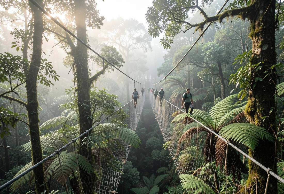 Visitors crossing the Nyungwe canopy walkway above misty rainforest