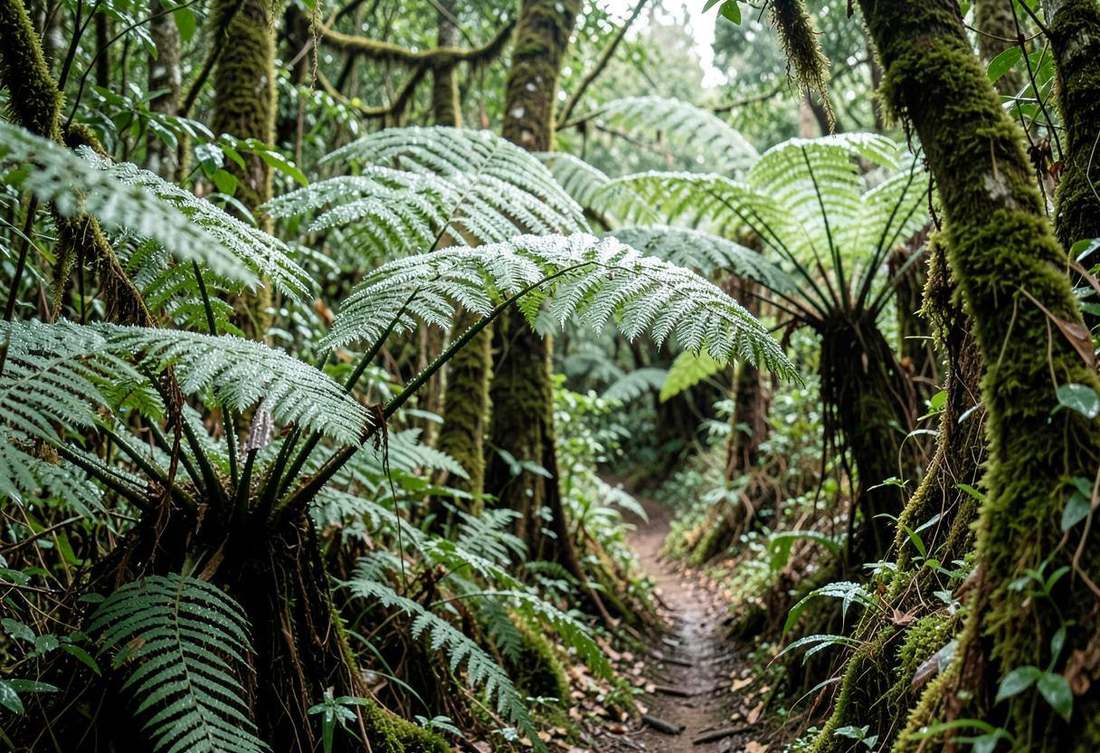 Dew on giant tree ferns beside a narrow rainforest trail