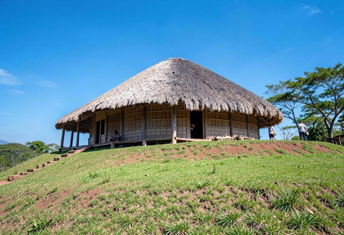 Reconstructed thatched royal palace on a grassy hill at Nyanza