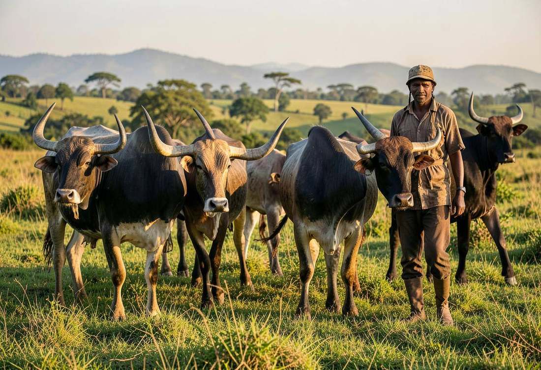 Long-horned Inyambo cattle with their herder