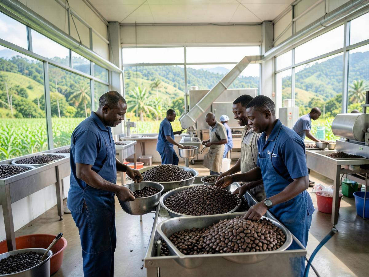 Workers sorting agricultural produce at a Rwandan processing facility