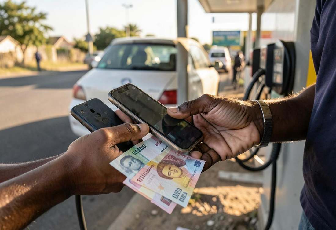 Hands exchanging Rwandan franc notes and a mobile phone at a fuel stop