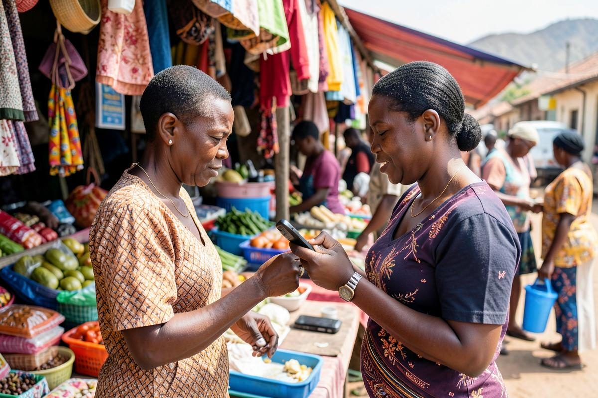 A customer paying a Rwandan market vendor by mobile money