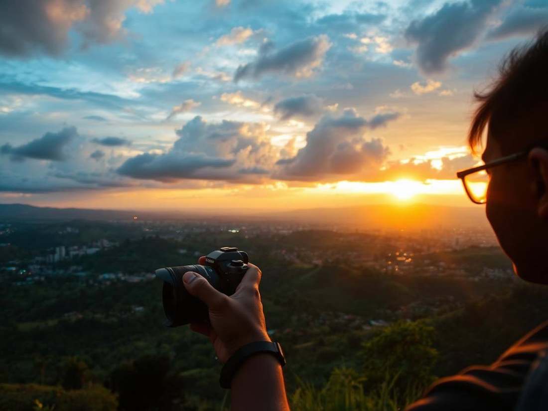 A photographer shooting golden-hour light over Kigali's hills