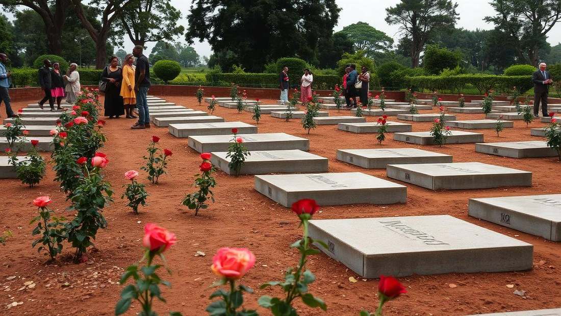 Memorial gardens with rose bushes and burial slabs in Kigali