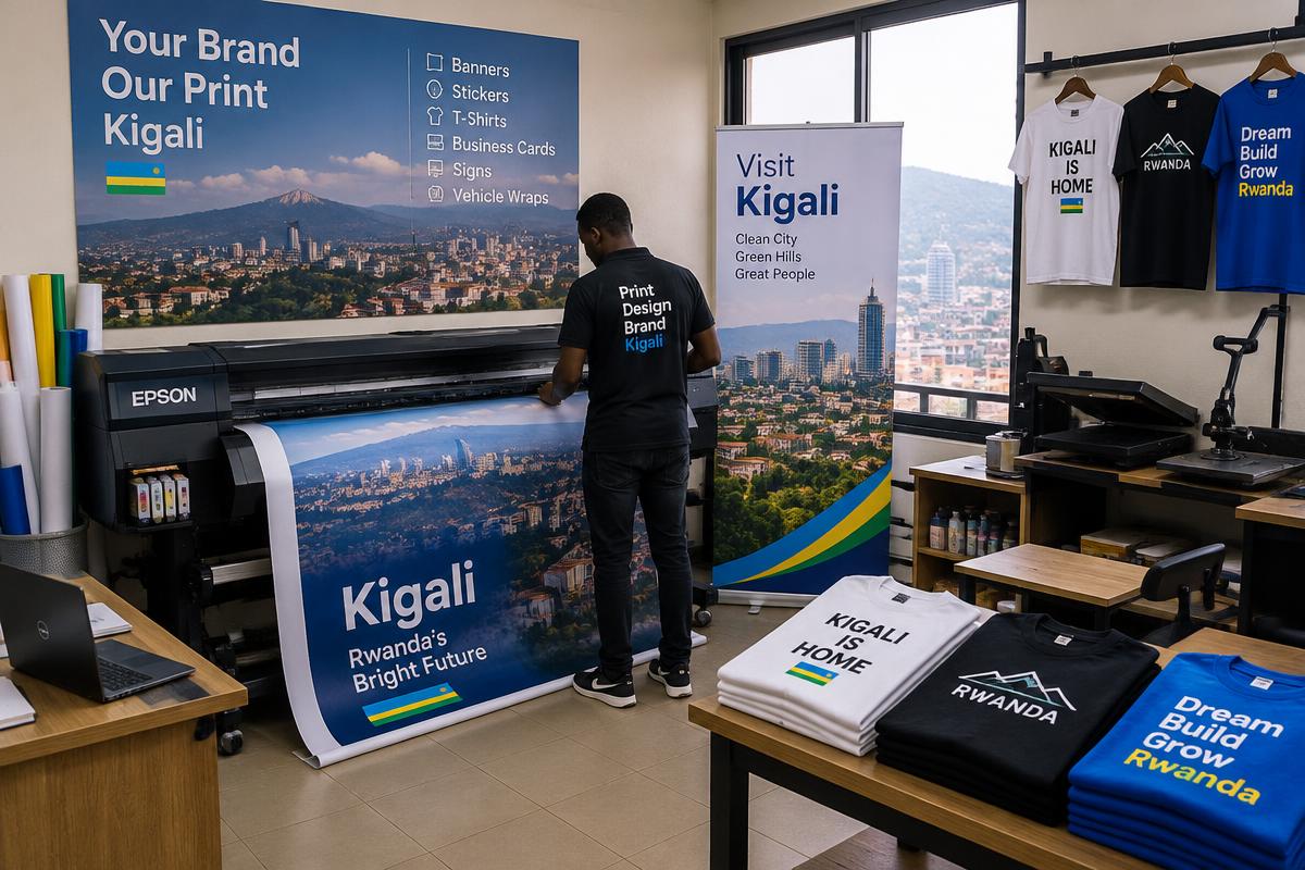 A print shop with a large-format printer and branded t-shirts