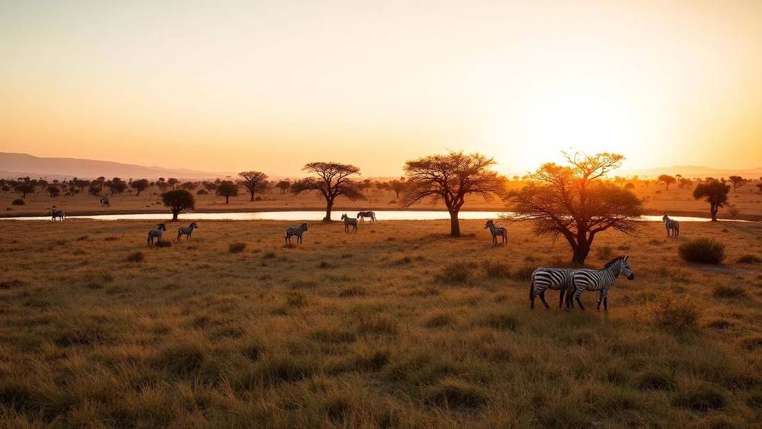Savannah plains with zebras at sunrise in eastern Rwanda