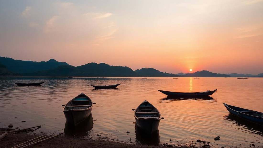 Fishing boats on Lake Kivu at sunset