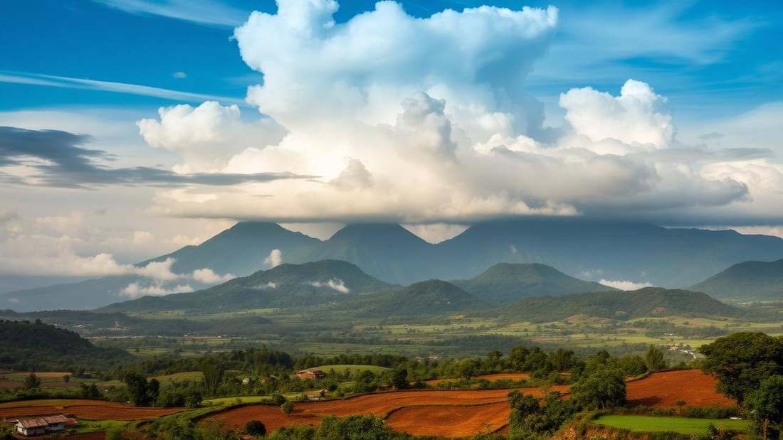 The Virunga volcanoes rising above farmland in northern Rwanda
