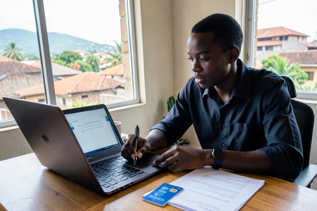 Young Rwandan entrepreneur completing a company registration on a laptop
