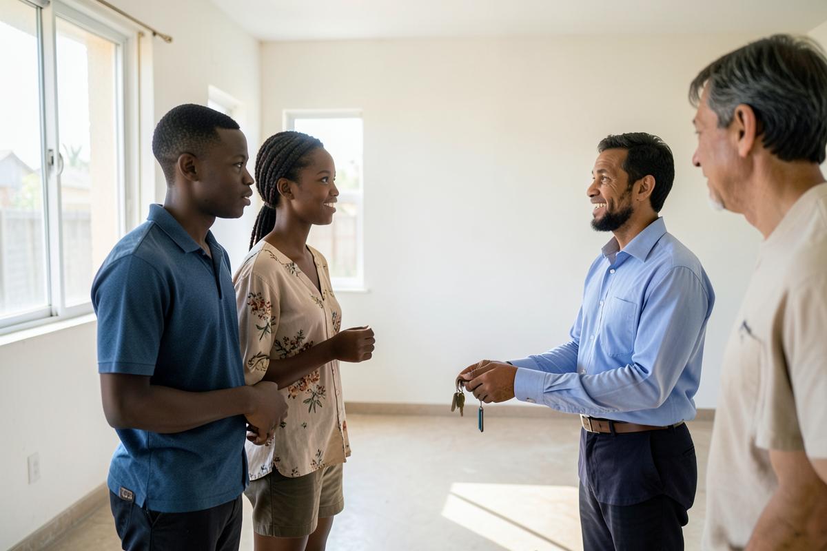A young couple viewing an empty rental apartment with the landlord
