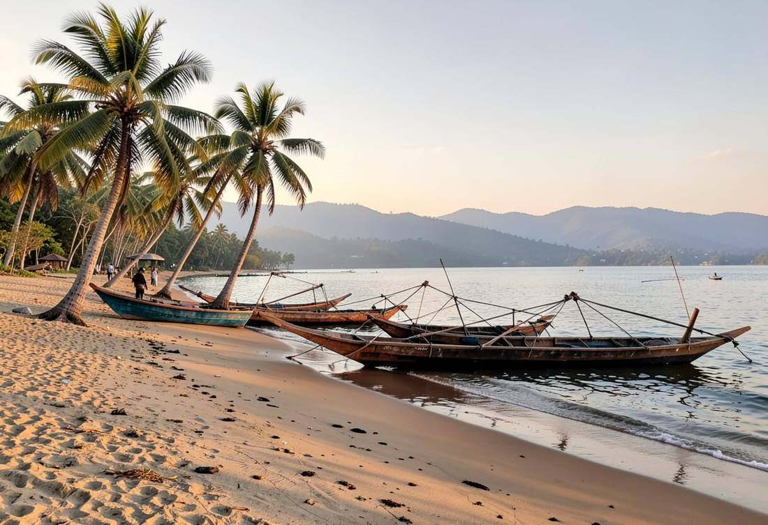 Pirogue fishing boats on a palm-lined beach at Lake Kivu