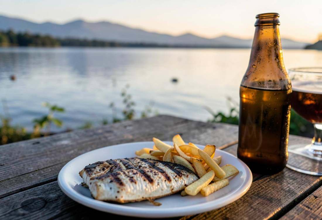 Grilled tilapia and chips on a lakeside table at sunset