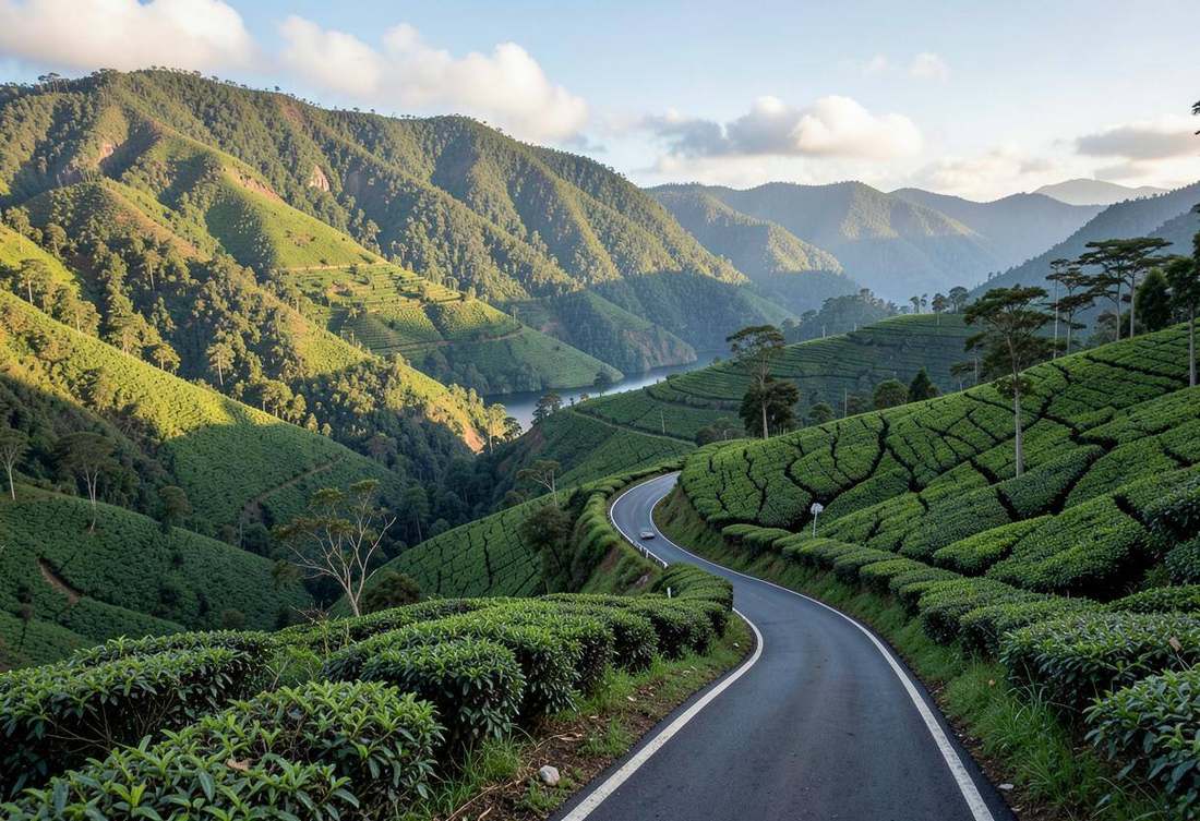 Winding road through tea plantations above Lake Kivu near Rusizi