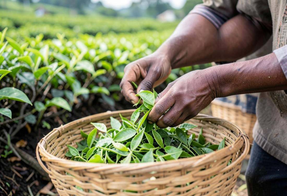 Tea picker placing green leaves into a woven basket